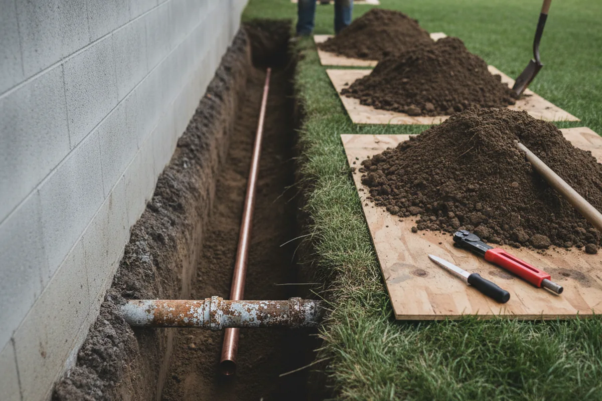 Excavated water line trench during Water Softener Installation in Hills